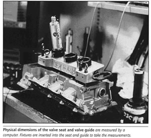 Physical dimensions of the valve seat and valve guide measured by a computer fixture are inserted into the seat and guide to take measurements.